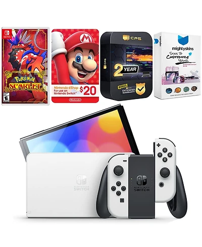 Nintendo Switch White Oled Console with Pokemon Scarlet, Nintendo $20 eShop Gift Card, MightySkins Console and Controller Skin Voucher, and 2 Year Cps