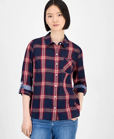 Tommy Hilfiger Women's Crinkled Plaid Button-Front Shirt
