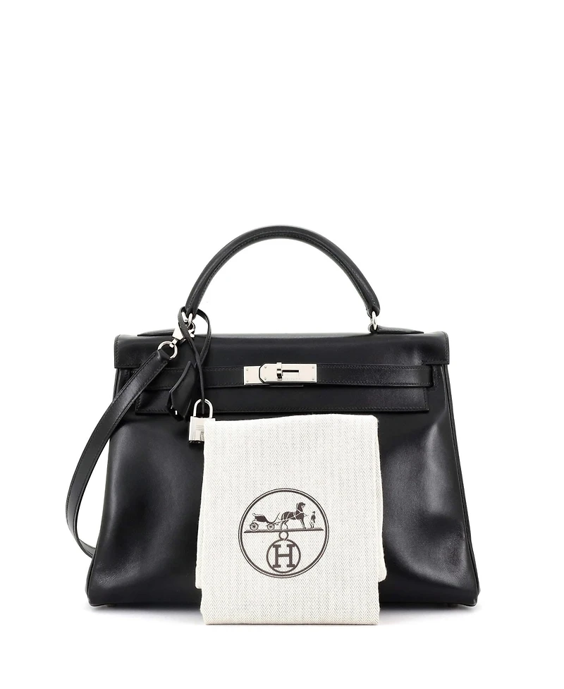 Pre-Owned Hermes Kelly 32 Handbag Black Box Calf with Palladium Hardware