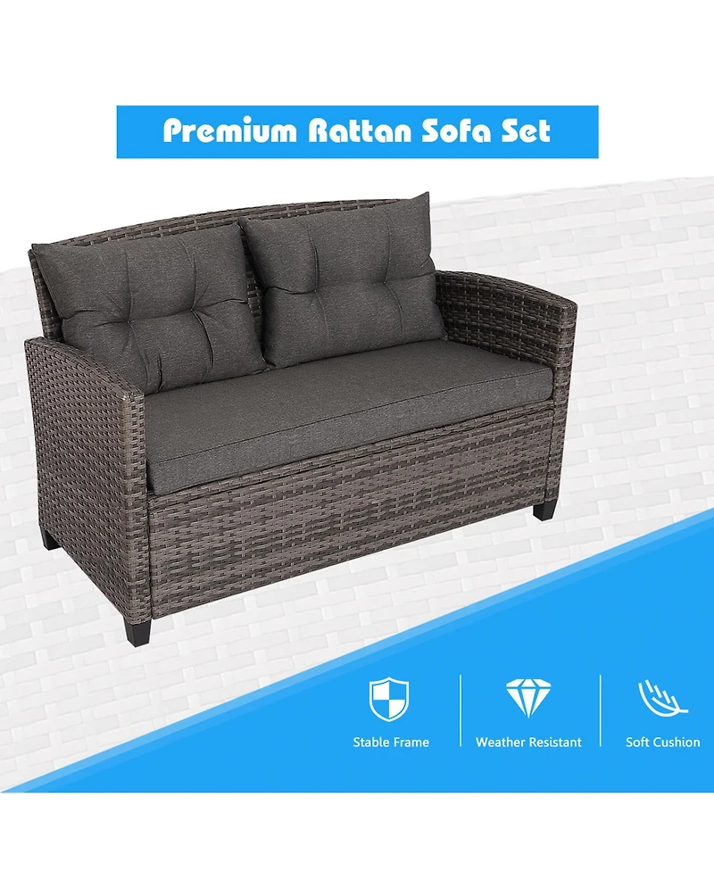 Gymax 4PC Rattan Patio Conversation Set Cushioned Outdoor Furniture Set