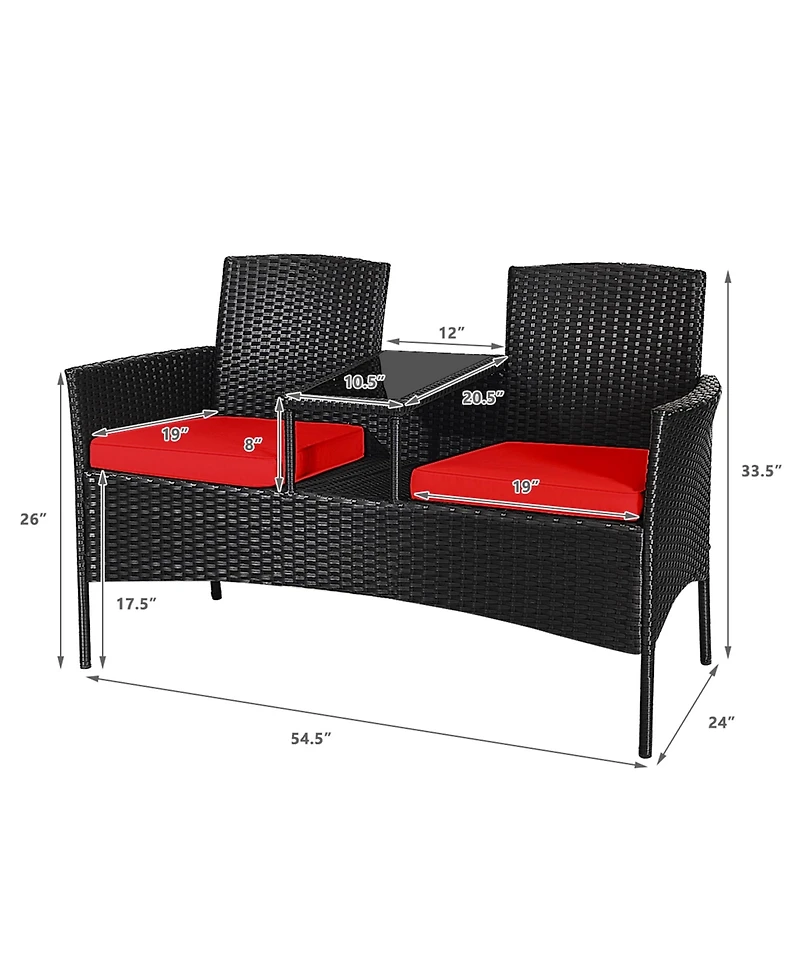 Gymax Rattan Wicker Patio Conversation Set w/ Table Red Cushion