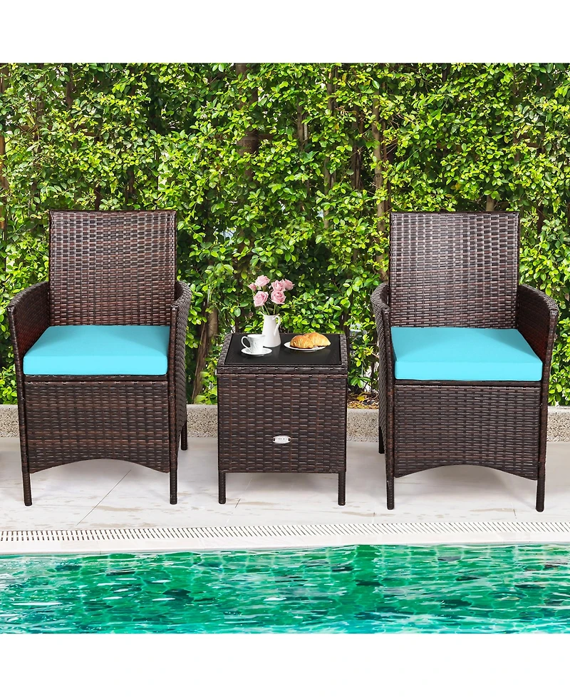Gymax 3PCS Outdoor Rattan Conversation Set Patio Furniture Set w/ Cushions
