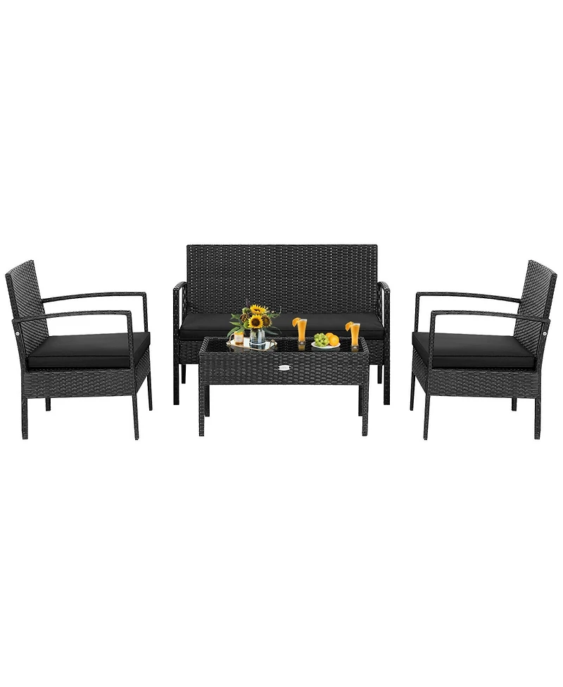 Gymax 4PCS Rattan Patio Conversation Set Outdoor Wicker Furniture Set w/ Cushions