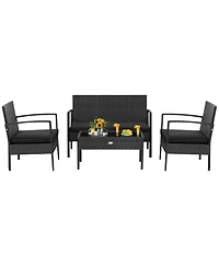 Gymax 4PCS Rattan Patio Conversation Set Outdoor Wicker Furniture Set w/ Cushions