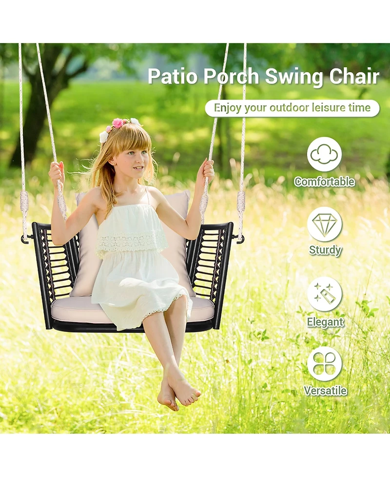 Gymax Outdoor Metal Porch Swing Single Person Hanging Seat w/ Woven Rattan Backrest Porch Backyard