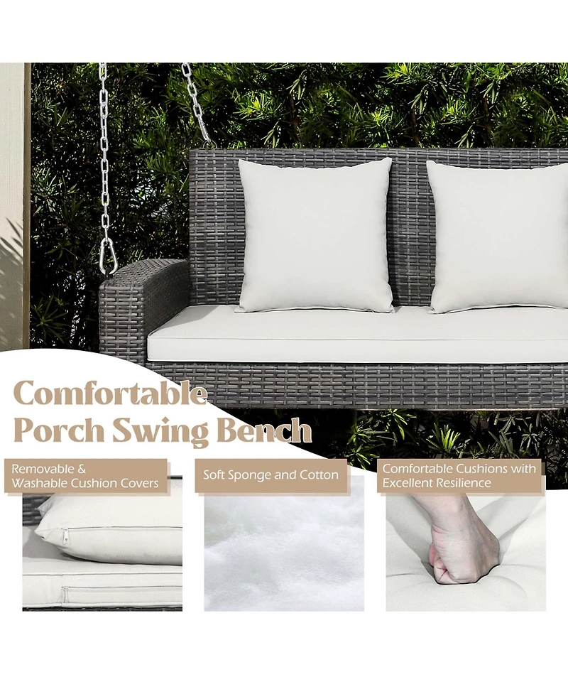 Gymax 2-Person Patio Hanging Porch Swing Rattan 800LBS Swing Bench w/ Cushions