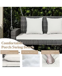 Gymax 2-Person Patio Hanging Porch Swing Rattan 800LBS Swing Bench w/ Cushions