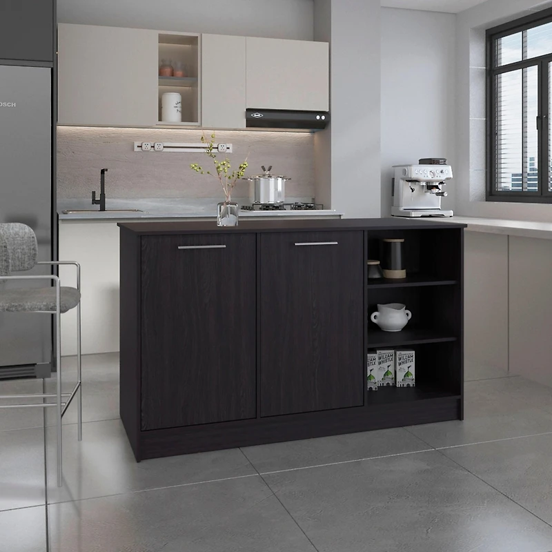 Mars Kitchen Island Two Cabinets, Three Open Shelves, Black Wengue