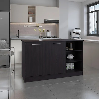 Mars Kitchen Island Two Cabinets, Three Open Shelves, Black Wengue