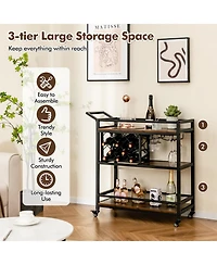 3-tier Bar Cart on Wheels Home Kitchen Serving with Wine Rack and Glasses Holder
