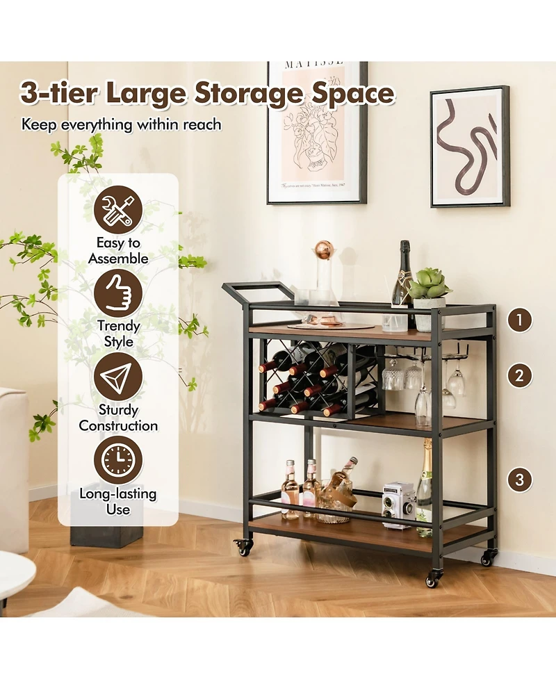 3-tier Bar Cart on Wheels Home Kitchen Serving Cart with Wine Rack and Glasses Holder