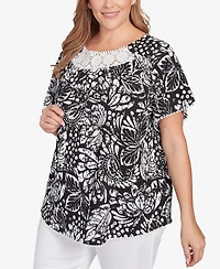 Ruby Rd. Plus Size Batik Island Paisley Lace Neck Top