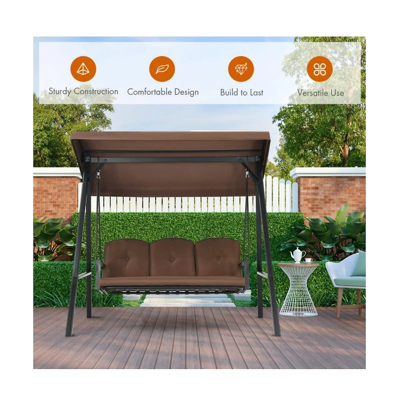 Outdoor 3-Seat Porch Swing with Adjust Canopy and Cushions