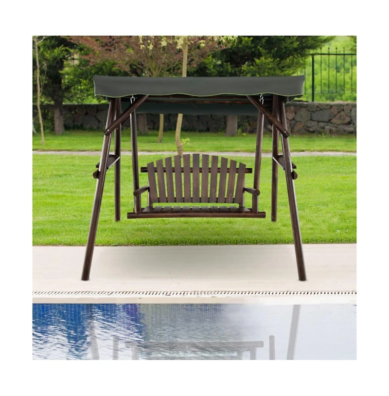 2-Person Outdoor Wooden Porch Swing with an Adjustable Canopy