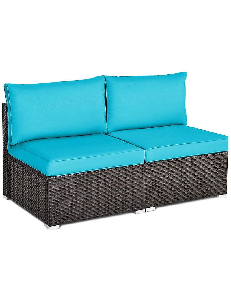 Gymax 2PCS Patio Wicker Rattan Sectional Armless Chair Sofa w/ Turquoise Cushion