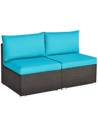 Gymax 2PCS Patio Wicker Rattan Sectional Armless Chair Sofa w/ Turquoise Cushion