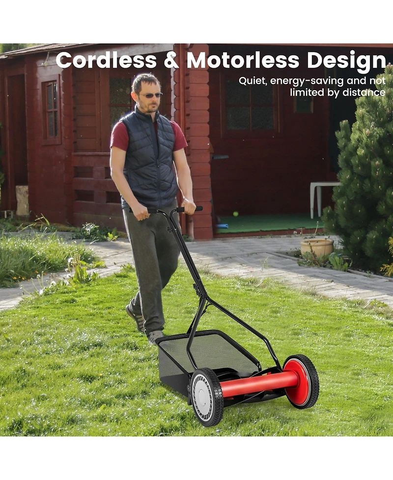 Professional Push Lawn Mower with 5 Steel Blades and Removable Grass Catcher Bag