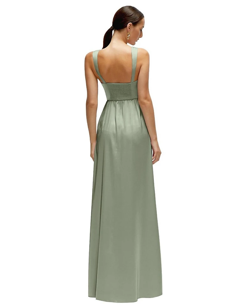 After Six Plus Shaped Strap Portrait Neckline Fluid Satin Maxi Dress with Full Skirt