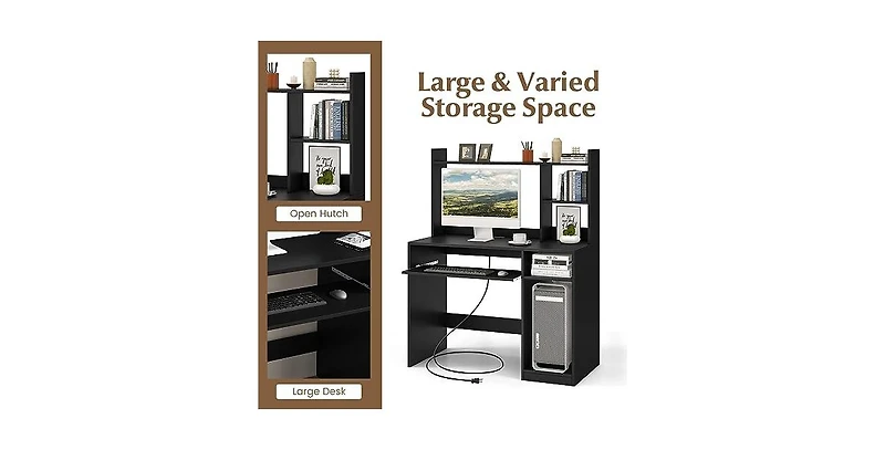 Home Office Computer Desk with Bookcase Keyboard Tray and Cpu Stand