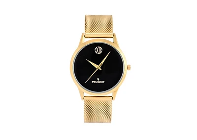 Peugeot Men's 40mm Wafer Slim Black Dial Gold Plated Case Watch with Mesh Band