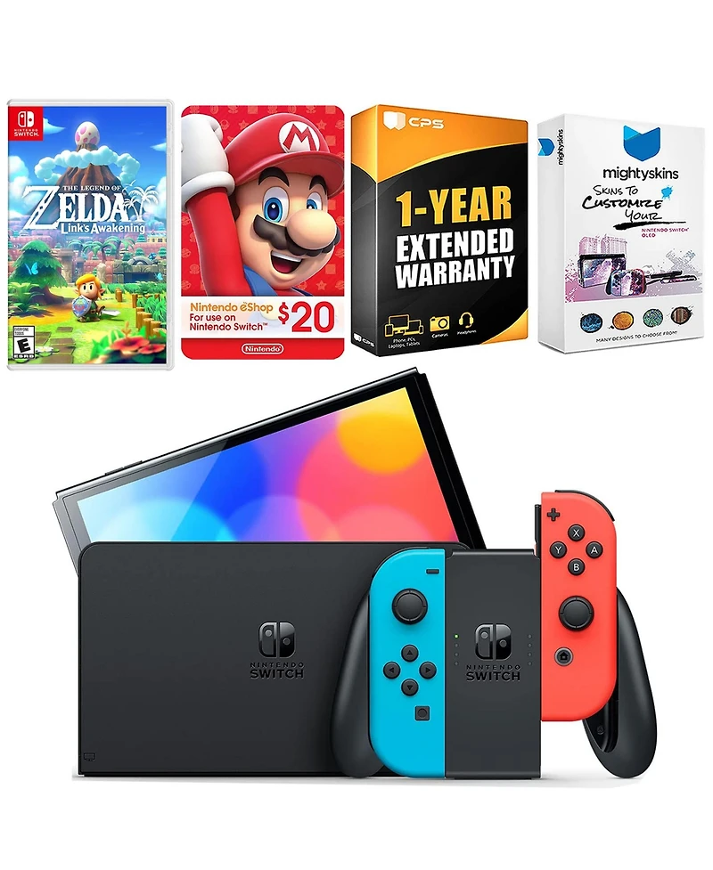 Nintendo Switch Neon Red & Blue Oled Console with The Legend Of Zelda Link's Awakening, Nintendo $20 eShop Gift Card