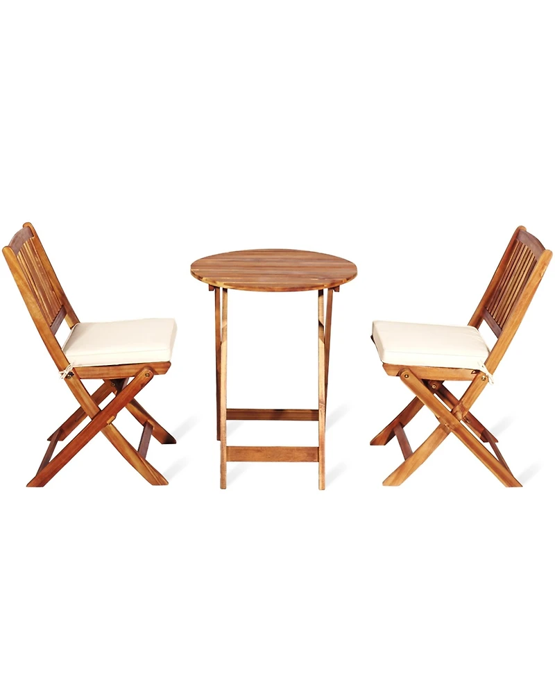 Gymax 3PCS Folding Acacia Wood Bistro Set Patio Conversation Set w/ Cushions