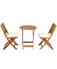 Gymax 3PCS Folding Acacia Wood Bistro Set Patio Conversation Set w/ Cushions