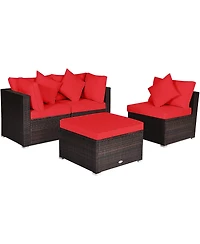 Gymax 4PCS Rattan Patio Conversation Furniture Set Yard Outdoor w/ Red Cushion