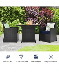 Gymax 3PCS Patio Wicker Bistro Set Pe Rattan Dining Table Set w/ Navy Cushions