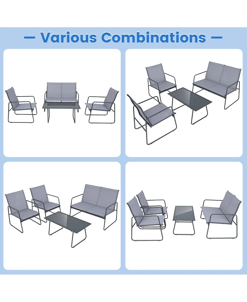 Gymax 4PCS Metal Outdoor Conversation Set Patio Furniture Set w/ Glass Table