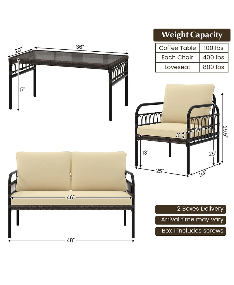 Gymax 4 Piece Patio Wicker Conversation Bistro Set Furniture Set w/ Cushions