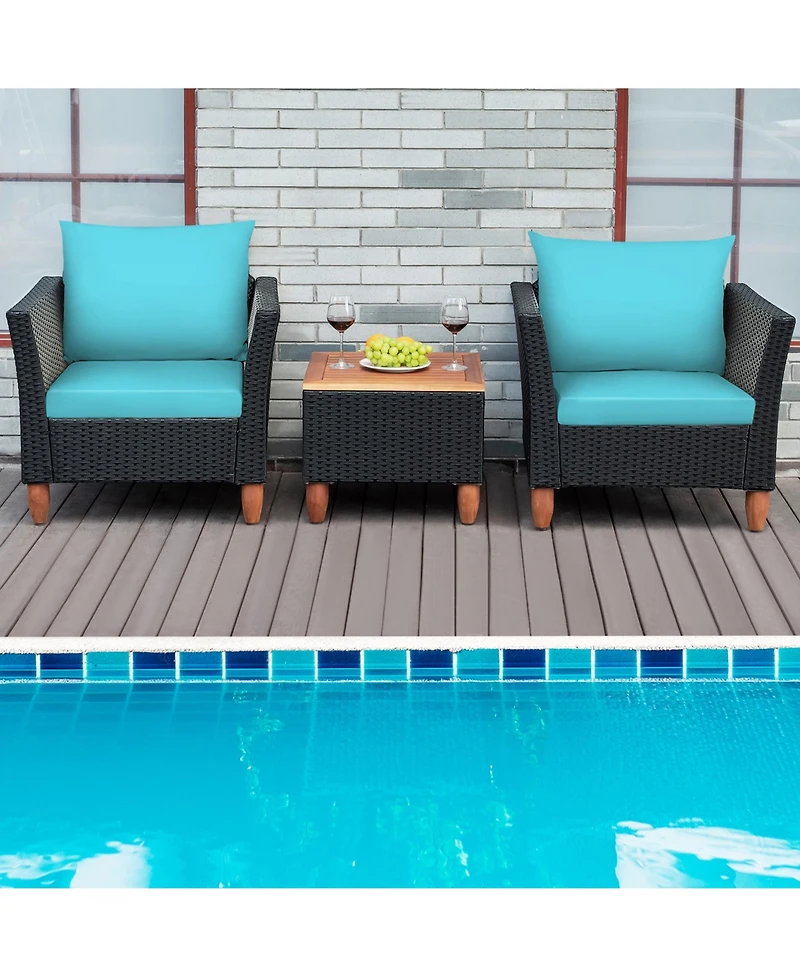 Gymax 3Pieces Patio Rattan Conversation Furniture Set Yard Outdoor with Cushions