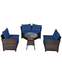 Gymax 4PCS Patio Furniture Set Outdoor Rattan Sectional Sofa Set w/ Navy Cushions