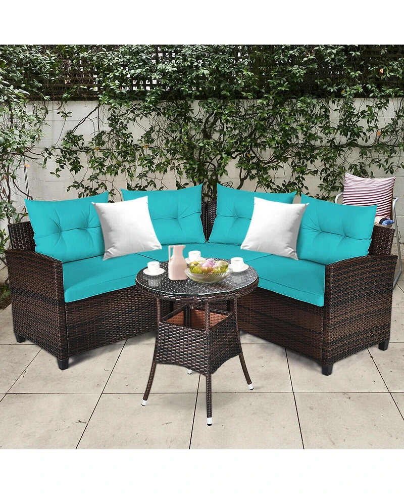 Gymax 4PCS Patio Furniture Set Outdoor Rattan Sectional Sofa Set w/ Turquoise Cushions