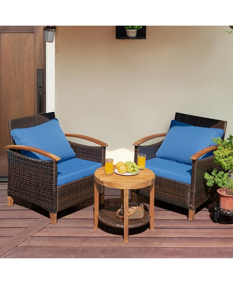 Gymax 3PCS Patio Wicker Rattan Conversation Set Outdoor Furniture Set w/ Cushion
