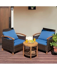 Gymax 3PCS Patio Wicker Rattan Conversation Set Outdoor Furniture Set w/ Cushion