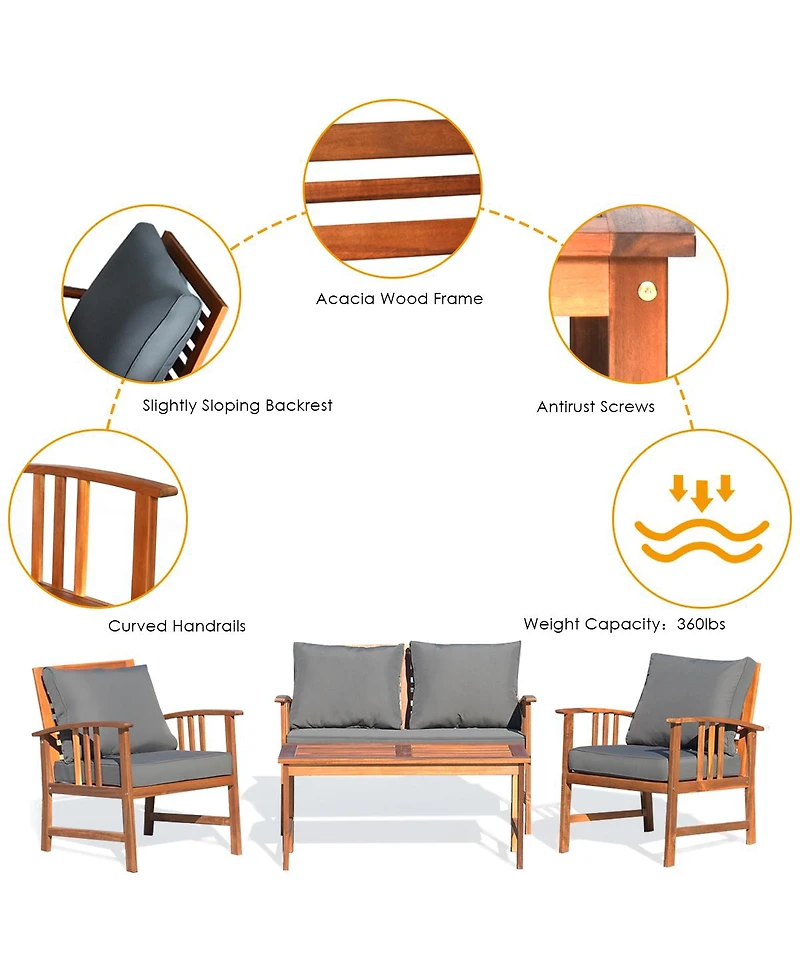 Gymax 4pcs Wooden Patio Furniture Set Table & Sectional Sofa Garden