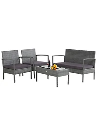 Gymax 4Pieces Rattan Patio Furniture Set Outdoor Wicker Conversation Set with Cushions