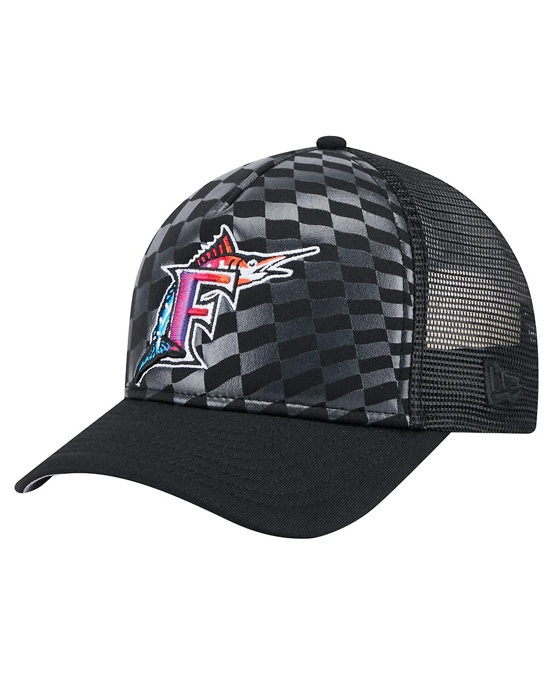 New Era Men's Black Florida Marlins Cooperstown Collection Gradient 9FORTY A-Frame M-Crown Trucker Adjustable Hat