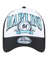 New Era Men's Black Miami Marlins Distressed 9FORTY A-Frame Adjustable Trucker Hat