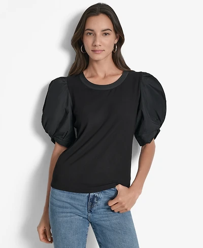 Dkny Women's Mixed-Media Taffeta Puff-Sleeve Top