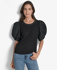 Dkny Women's Mixed-Media Taffeta Puff-Sleeve Top