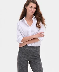 Anne Klein Womens Button Front Drop Shoulder Shirt Printed Mid Rise Wide Leg Pants