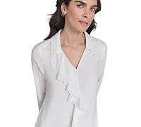 Calvin Klein Petite Ruffle-Trim Collared Blouse