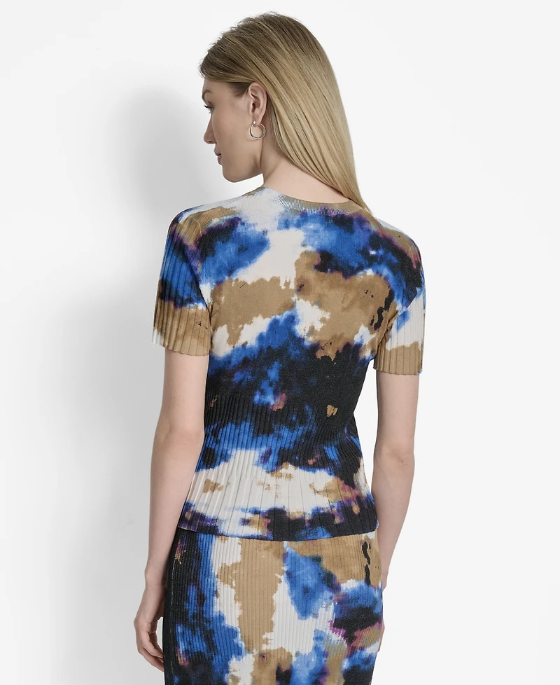 Dkny Women's Printed Mix-Rib Short-Sleeve Sweater