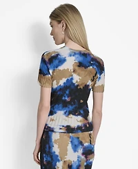 Dkny Women's Printed Mix-Rib Short-Sleeve Sweater