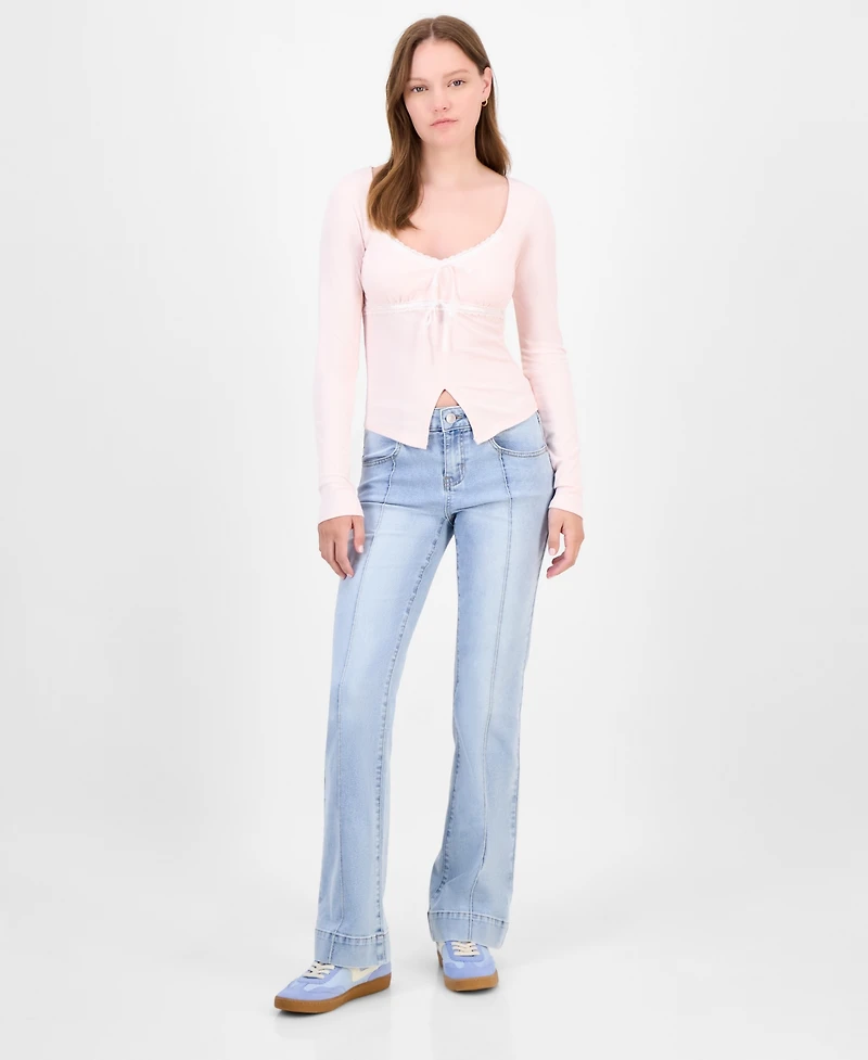 Just Polly Juniors' Lace-Trim Sweetheart-Neck Knit Top