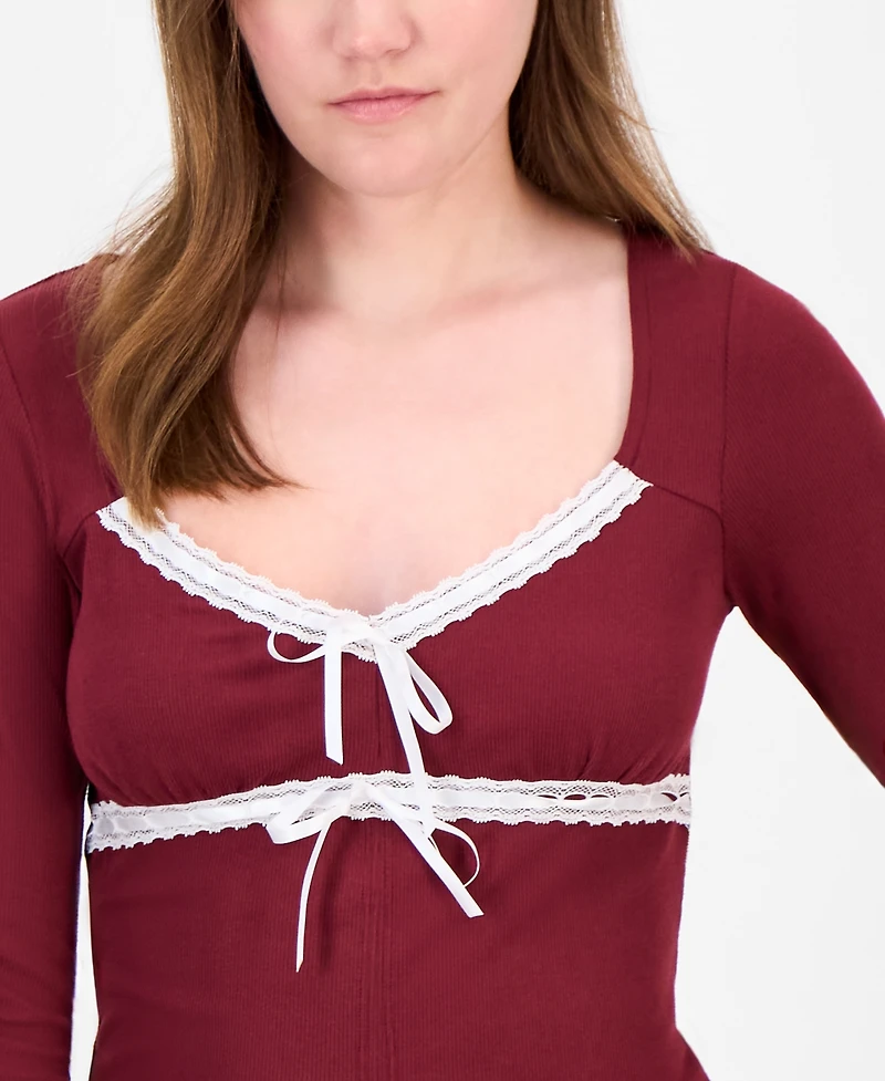 Just Polly Juniors' Lace-Trim Sweetheart-Neck Knit Top