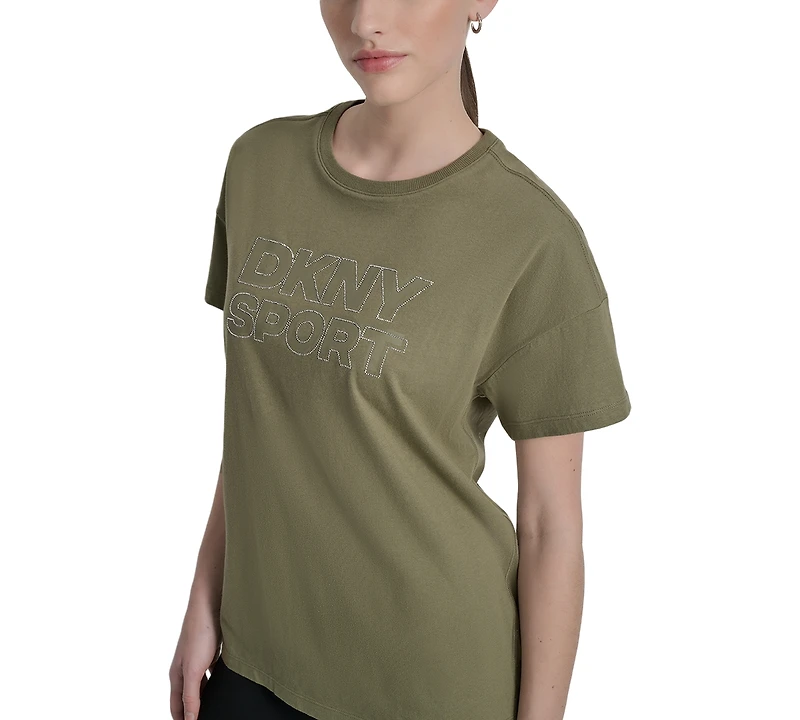 Dkny Sports Women's Rhinestone-Logo Drop-Shoulder T-Shirt