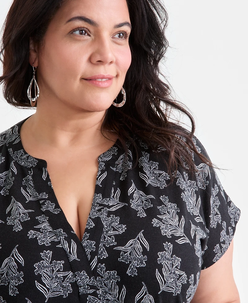 Style & Co Plus Printed V-Neck Short-Sleeve Midi Dress, Exclusively at Macy's